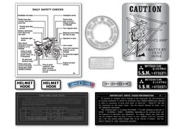 H1D, E & F Warning DecalsH2B/C6 Piece Warning & Small Decal Set1 Safety Checks1 Battery Caution 1 Brake Usable Range1 Tire & Load Data2 Helmet Hook